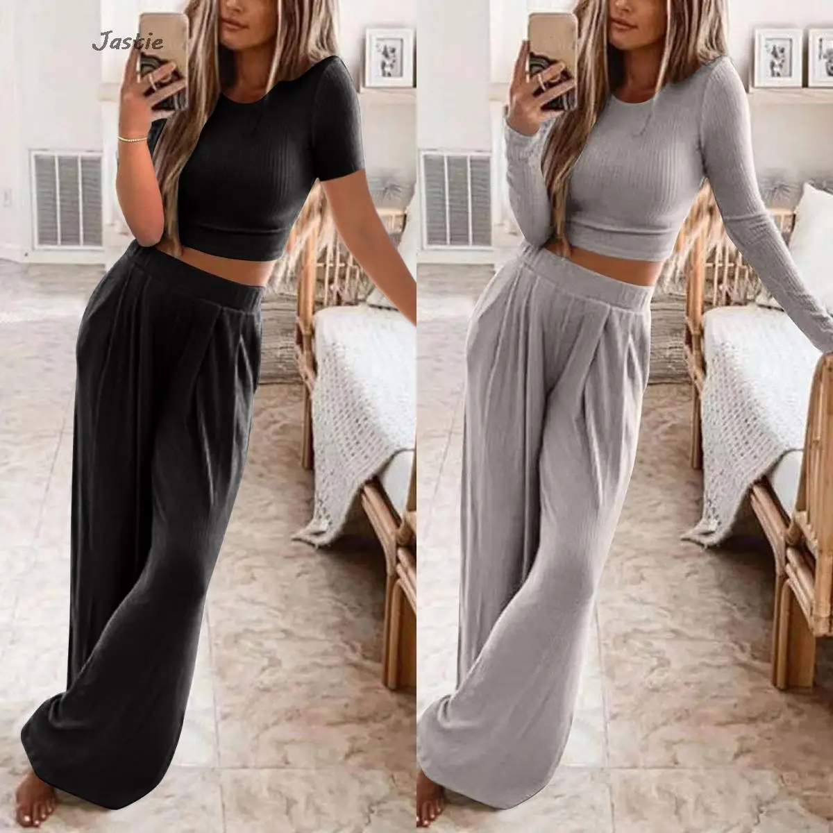 Autumn Solid Two Pieces Suits Women Slim Knit Sweater With Loose Wide-leg Pants Sets Casual Simple Elastic Waist Trousers Suits