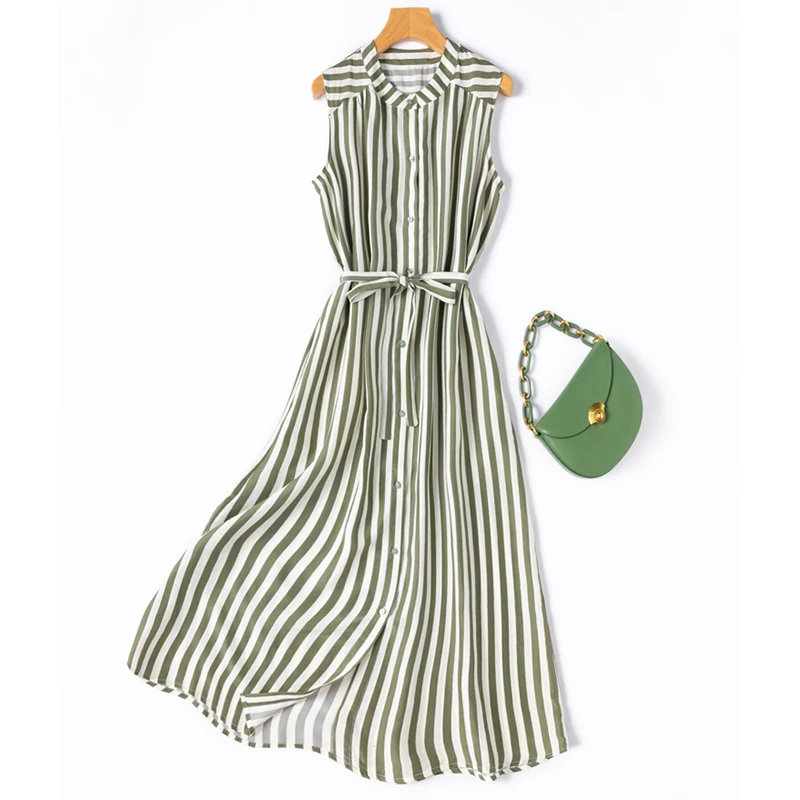 

Женское шелковое платье-майка из 100% тутового шелка в оливковую полоску с принтом на пуговицах и поясом на талии, офисное женское платье M1423