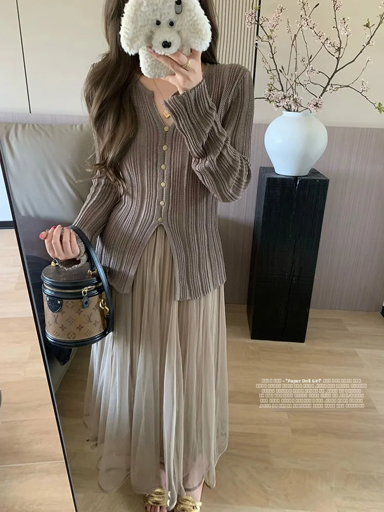 

Вязаный топ Ele Cool V-ne из ледяного шелка, облегающий, с эффектом «бумажной» ткани, в стиле Wudi Xiao, для повседневной носки, однотонный