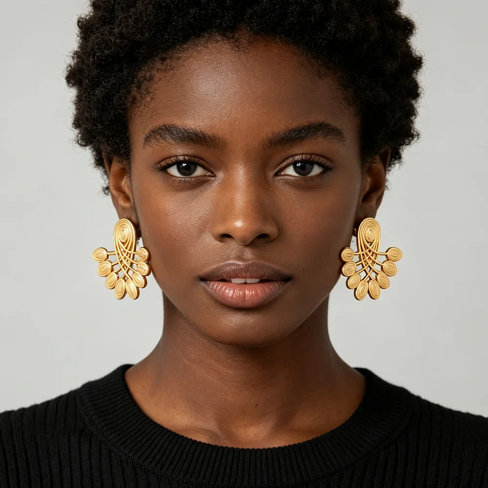 Vintage 18K vergoldetes florales geflochtenes Ohrringe-Ring-Set für Damen, afrikanischer ethnischer Statement-Schmuck, Hochzeitsgeschenk – Detail 1