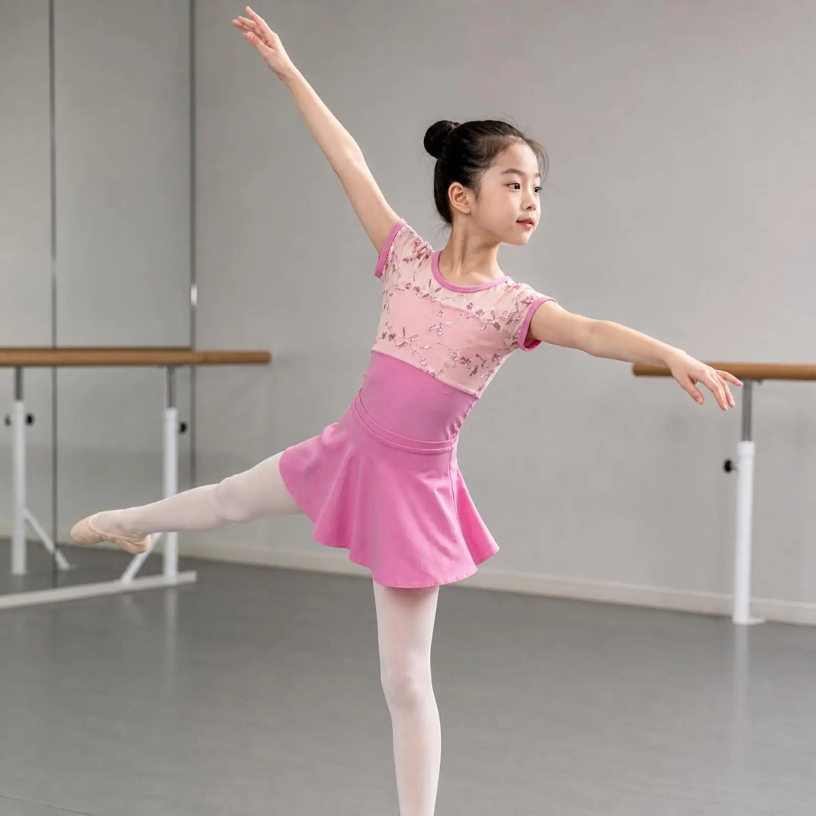 Kids Ballet Dress Cotton Leotard Short Sleeve Printed Top Attached Tutu for Modern Dance Training
