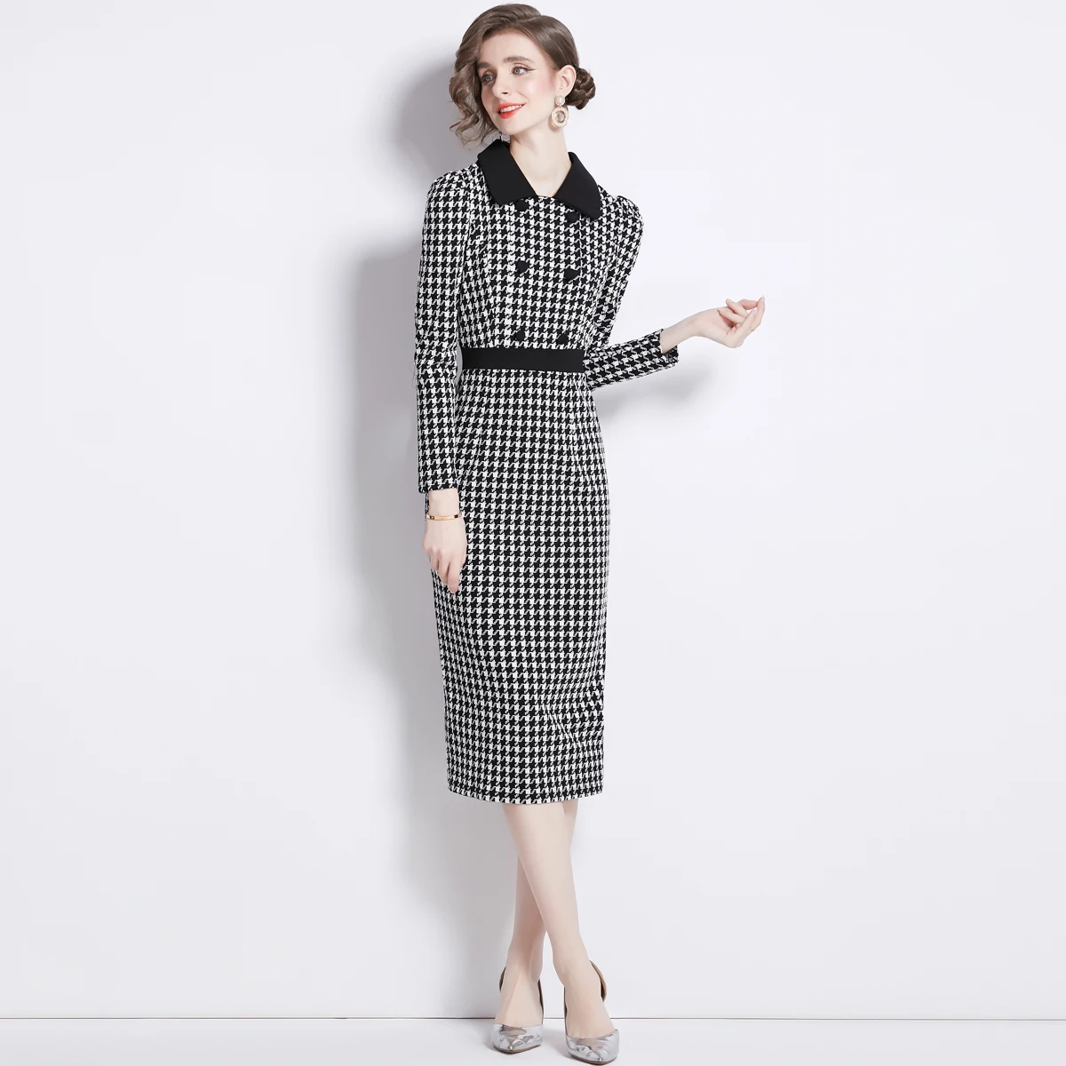 Ele Plaid Dr Faionable Bla White Cheered Collar 2024 New Sle Women's Polyester Fiber High Waist A-Line Skirt