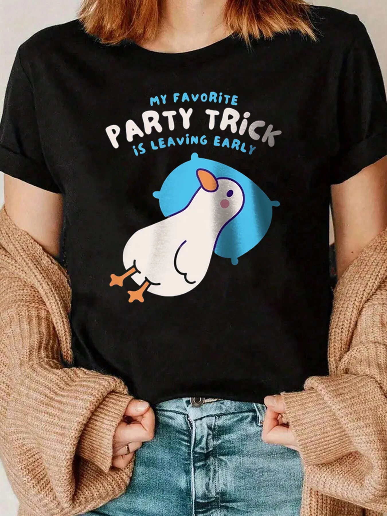 Duck And Party Trick Tekstprint T-shirt Vrijetijdskleding voor dames 220g
