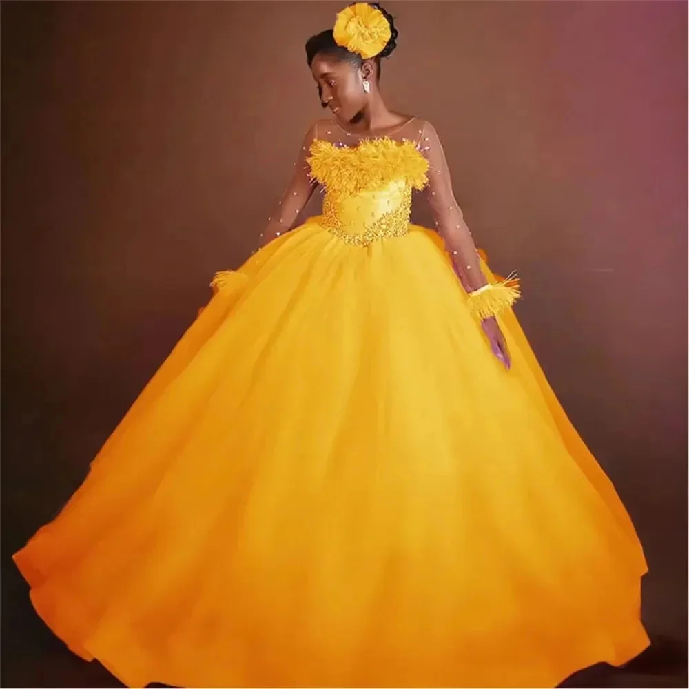 

Customized Yellow Flower Girl Dresses Feather Crystal Full Sleeves Gorgeous Princess Evening Party Pageant Birthday Ball Gown