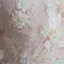 colorful embroidered lace with skin-colored beads and diamonds, wedding dress 3d high-end designer fabric with flowers