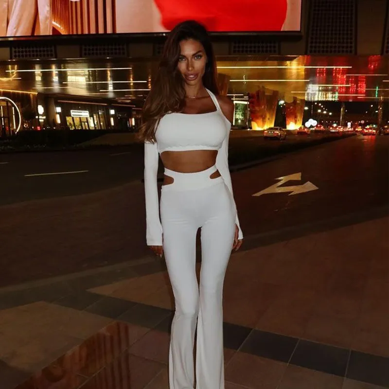 

Women's two-piece long-sleeved top high-waisted flared pant one-shoulder cross halterneck 2026 new fashion slim solid color suit
