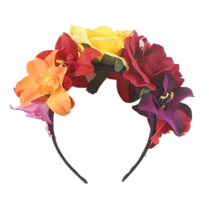 

Womens Mexican Simulated Rose Flower Crown Headband Day of The Dead Halloween Headpiece Colorful Fake Stamen Party Hair Hoop
