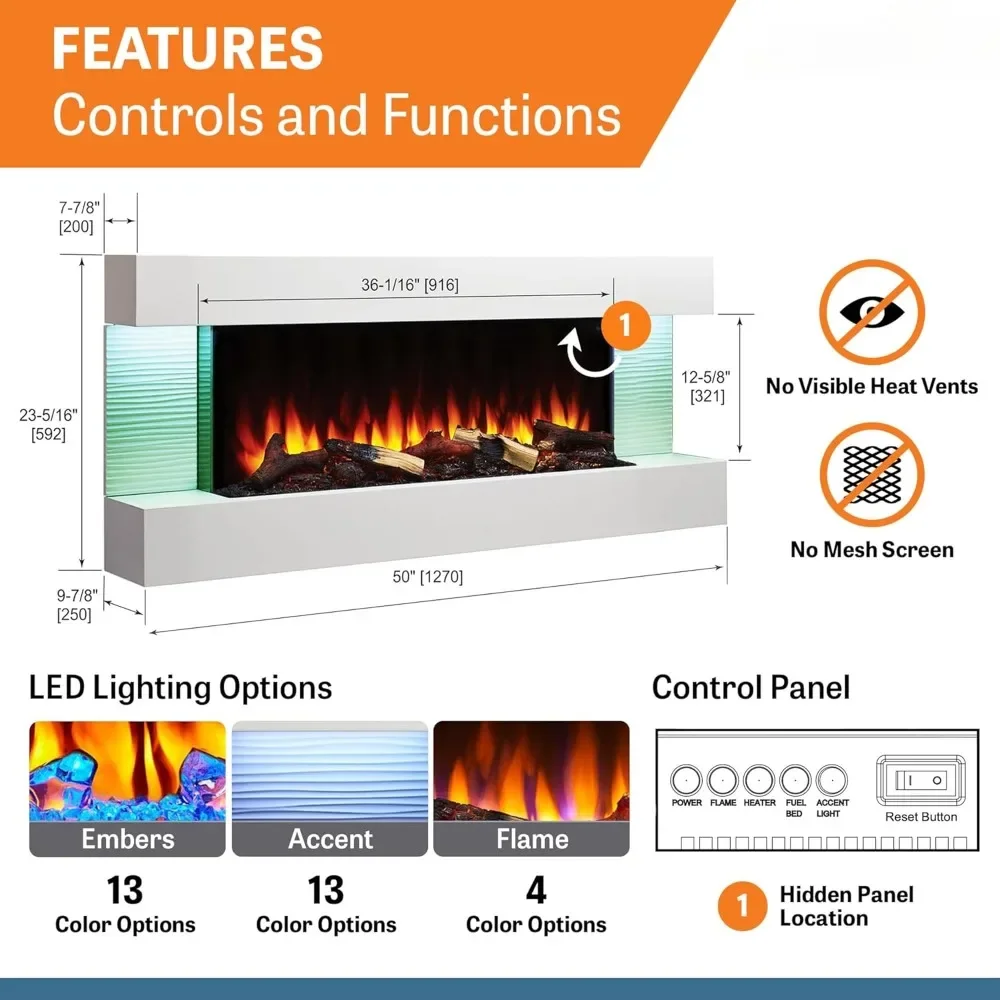 Format 36-Inch Wall Mount Electric Fireplace with 50-Inch Floating Mantel