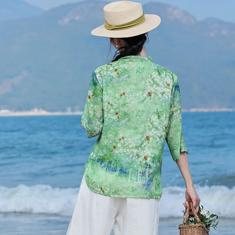 High Quality Ramie Floral Print Casual Shirt Women New Arrival 2026 Summer Chinese Style Female Half Sleeve Tops Shirts M2604