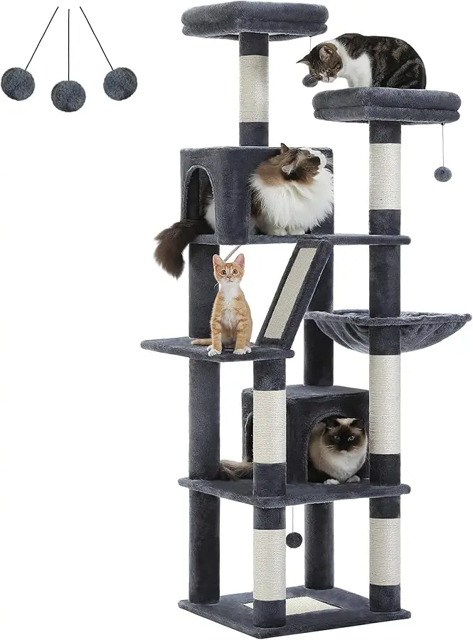

PAWZ Road 70 Inch Cat Tower, Tall Cat Tree with 2 Cozy Condos, 2 Plush Perch, Large Basket, 2 Scraching Pad & 6 Scraching Posts