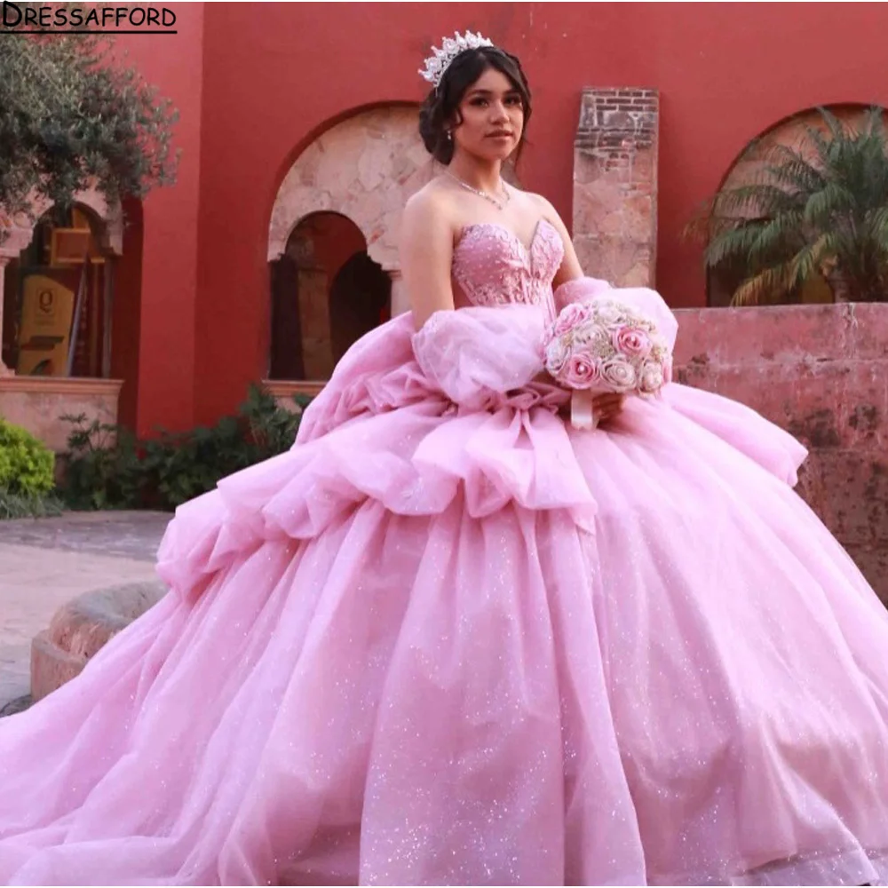 

Светло-розовые пышные платья принцессы Quinceanera 2026 с 3D цветочными бусинами из тюля и блестками на шнуровке Vestidos 15 años