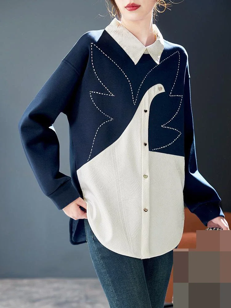 Color blocking long sleeved shirt for women's autumn outfit, new loose and versatile casual patchwork fashion shirt, ins top