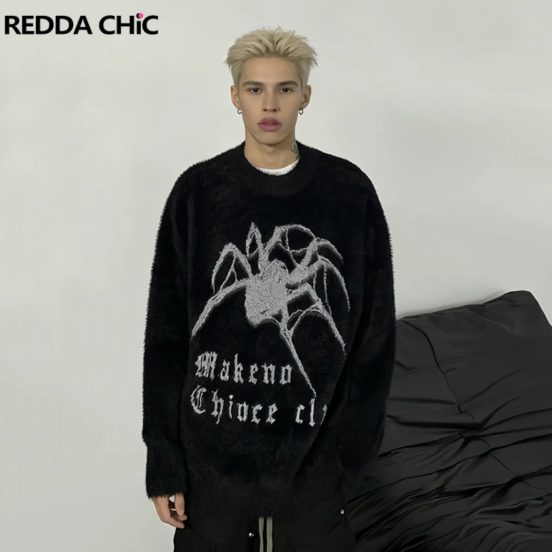 

REDDACHIC Retro Spider Men's Pullover Sweater Grunge Black O-neck Long Sleeve Knit Jumper Top Plus Size Punk Gothic Streetwear