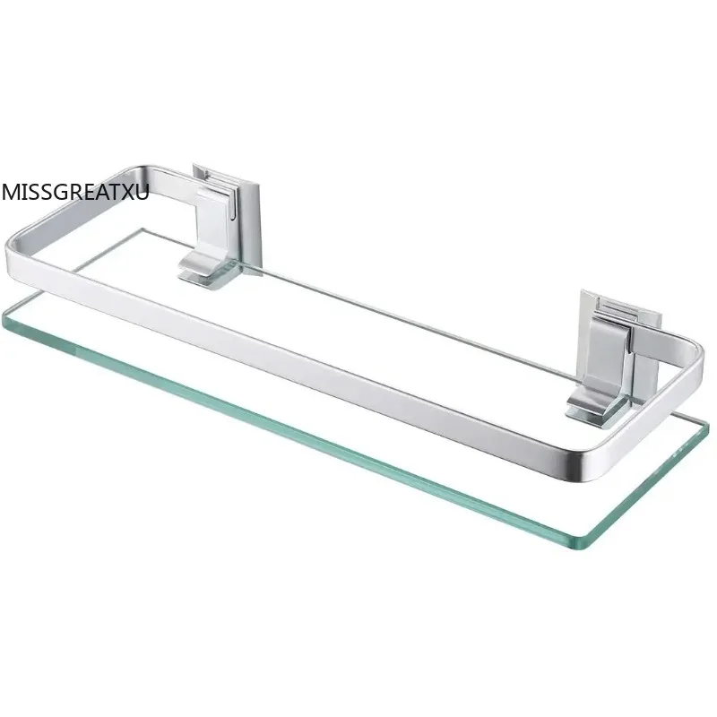 Wall Mount 1-Tier Bathroom Glass Storage Shelf Aluminum Alloy Support Multi Sizes Optional Washroom Cosmetic Organizer Rack
