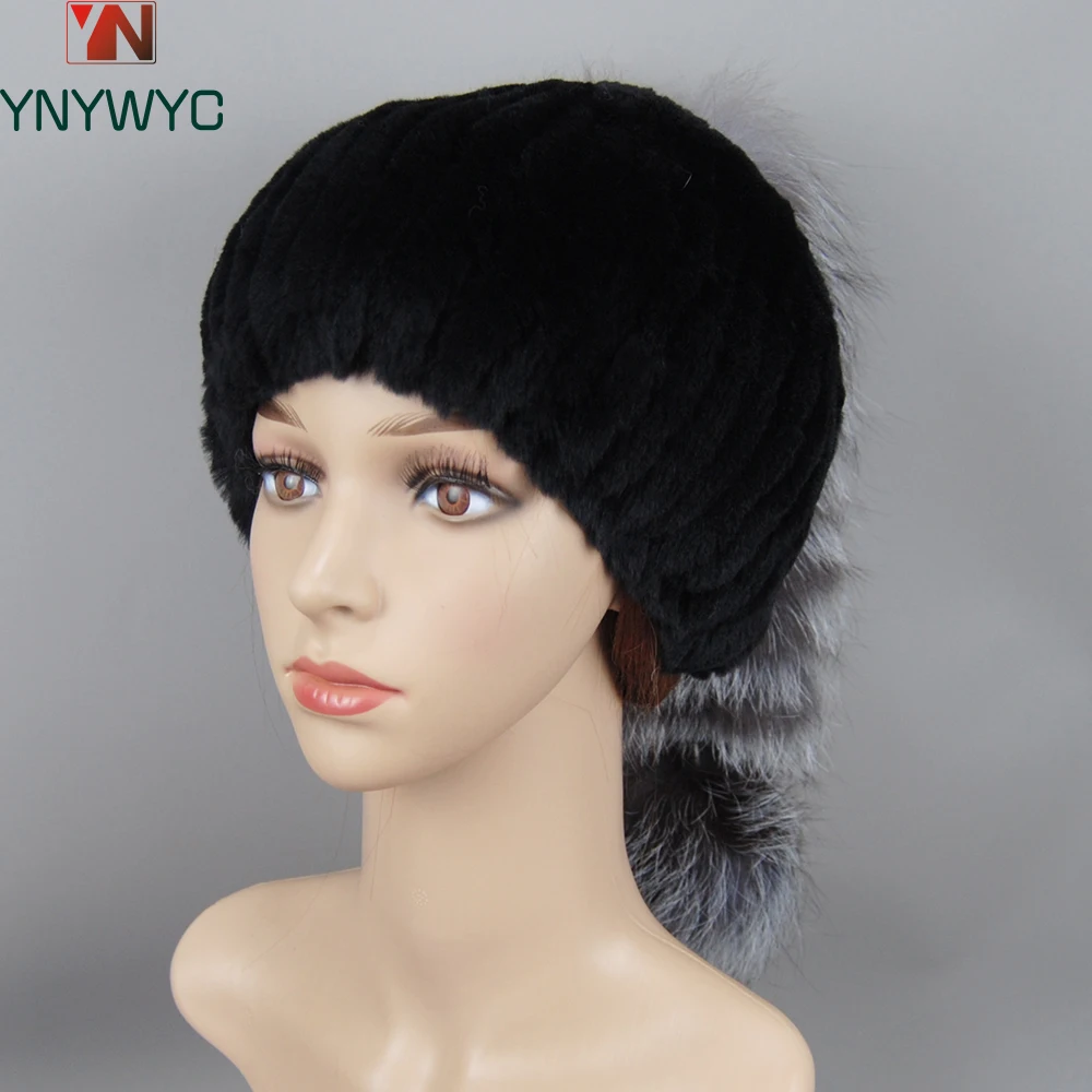 2024 Hot Natural Real Rex Rabbit Fur Skullies Cap Knit Winter Real Fur Hats Russia Women Natural Real Fox Fur Beanies Hat Girls