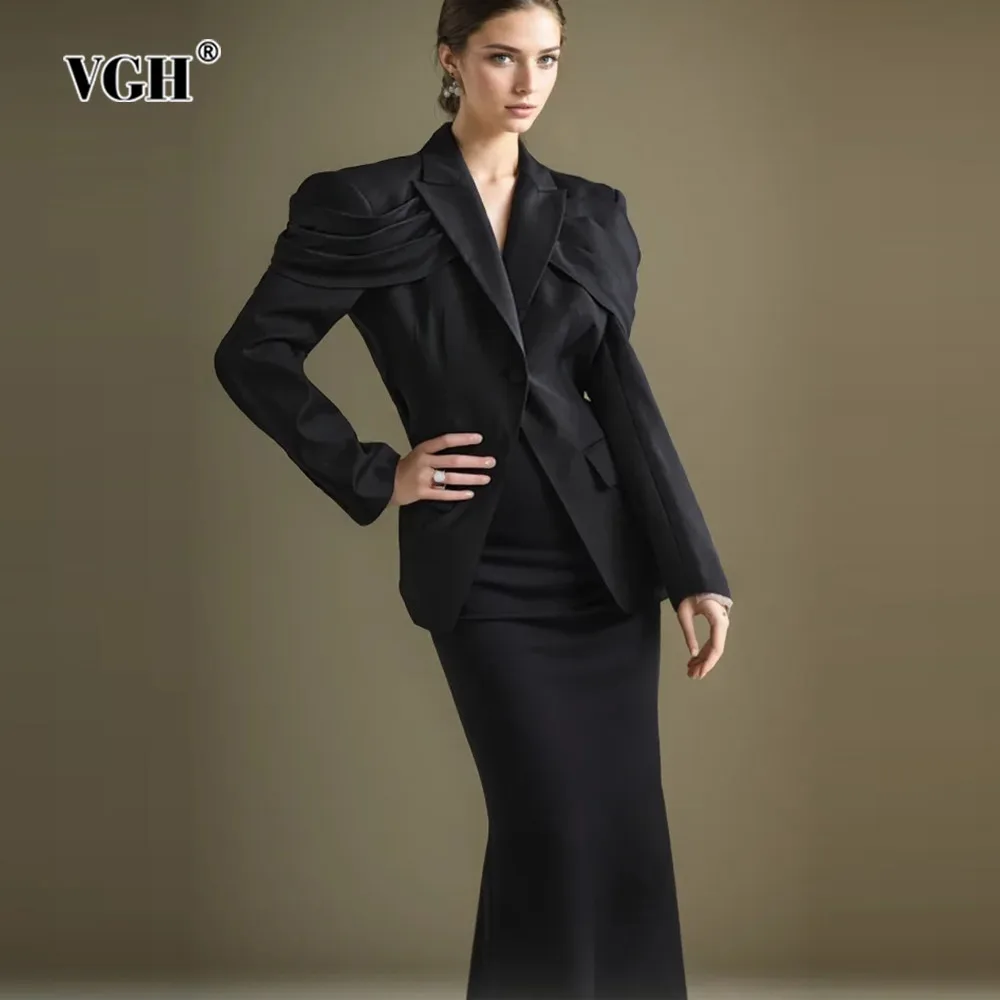 

VGH Solid Ptchwork Button Elegant Blazer For Women Notched Collar Long Sleeve Tunic Spliced Folds Temperament Blazers Female New