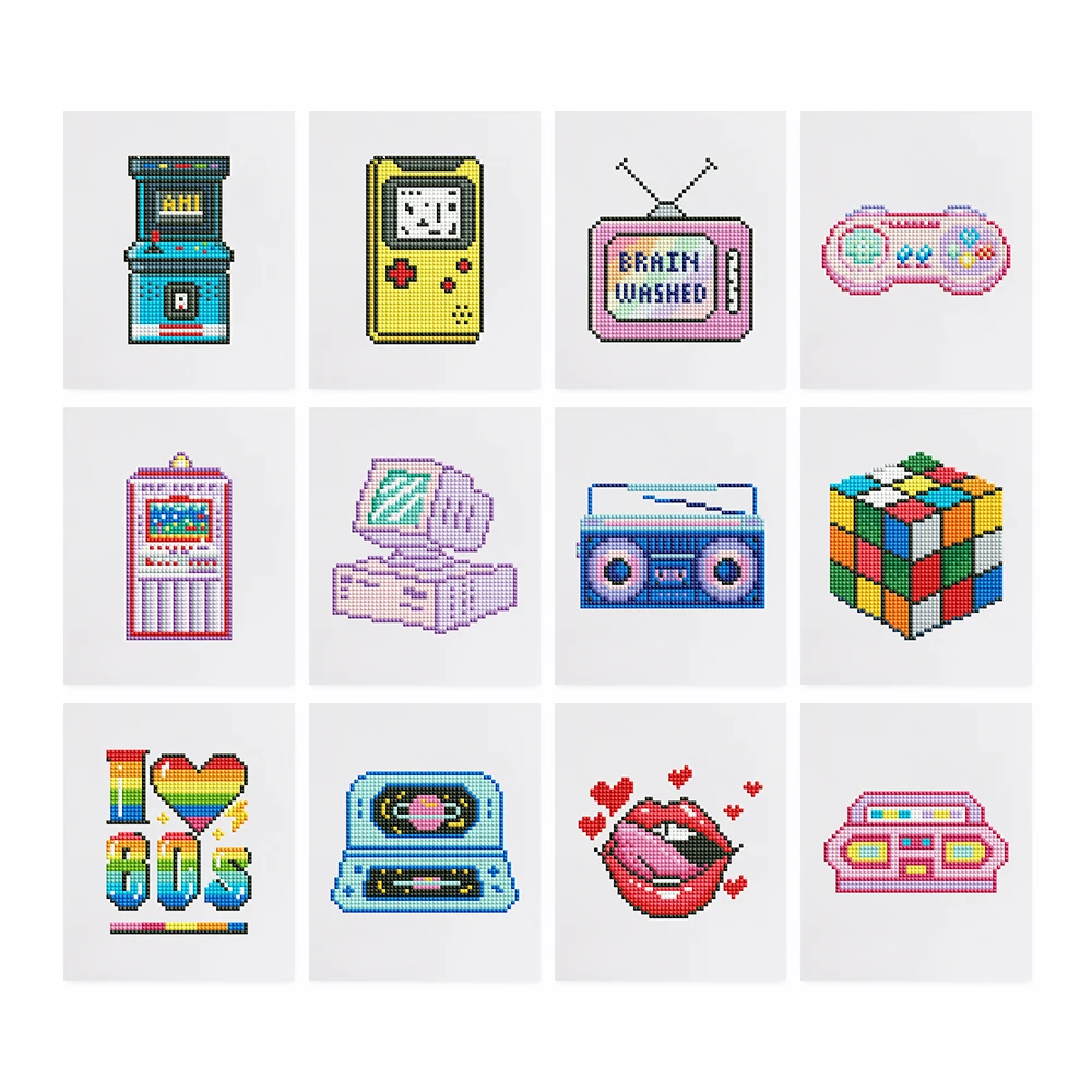 12 Stück Videospiel-Thema DIY Mini-Diamant-Stickerei Retro-Computerspielkonsole Diamantmalerei Einfache Heimdekoration im Pixel-Stil