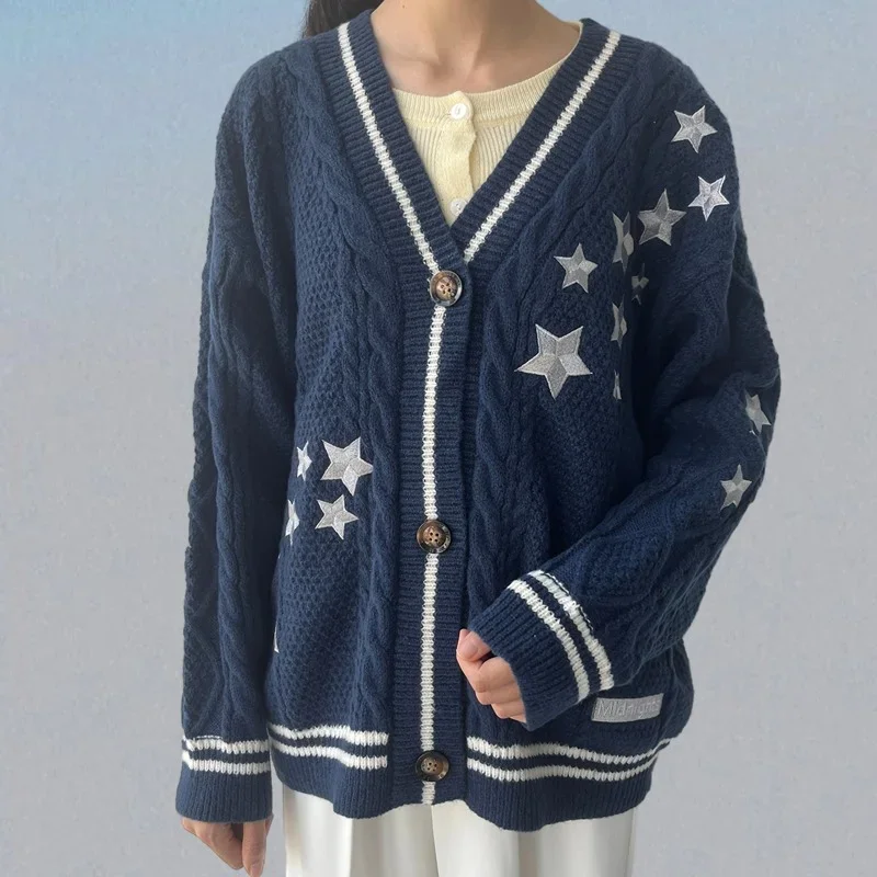 Midnight Dark Blue Cardigan Women Casual Fashion Star Embroidery Sweaters Femmes Autumn Winter Loose Fit Knitted Cardigans Tops