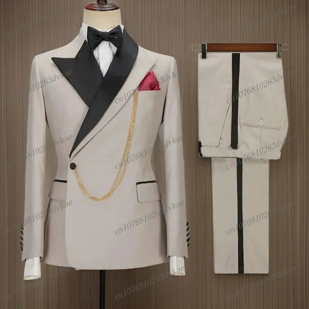 New Black Collar Beige Men Suit Groom Groomsman Wedding Party Prom Business Formal Costume Male Tuxedos 2 Piece Set Blazer Pants