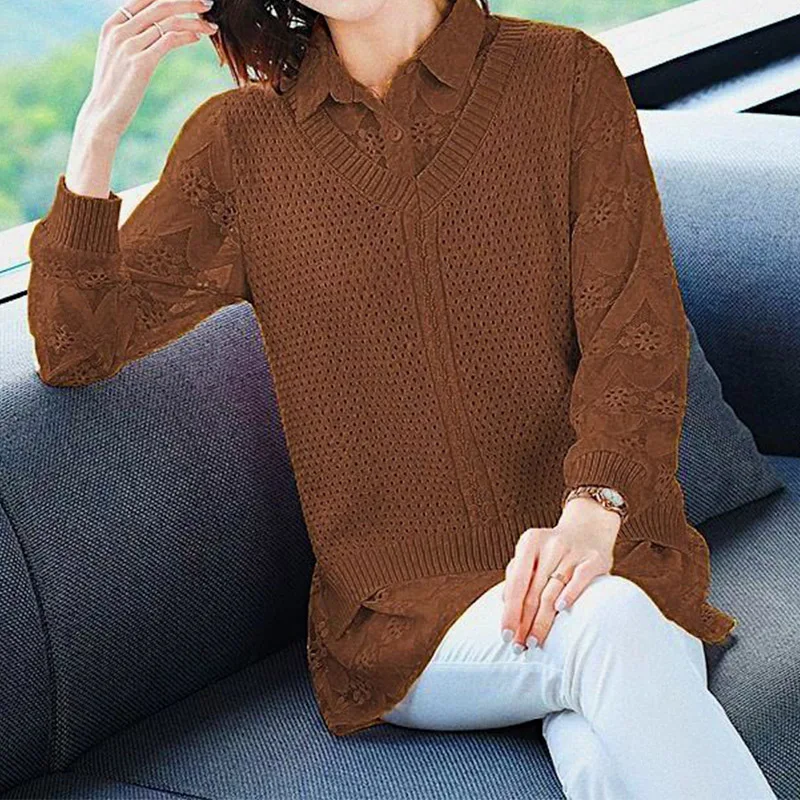 Elegant Fashion Solid Shirt Button Lace Sweater Two Piece Set Autumn 2022 Polo-Neck Long Sleeve Loose Pullovers Women\'s Clothing