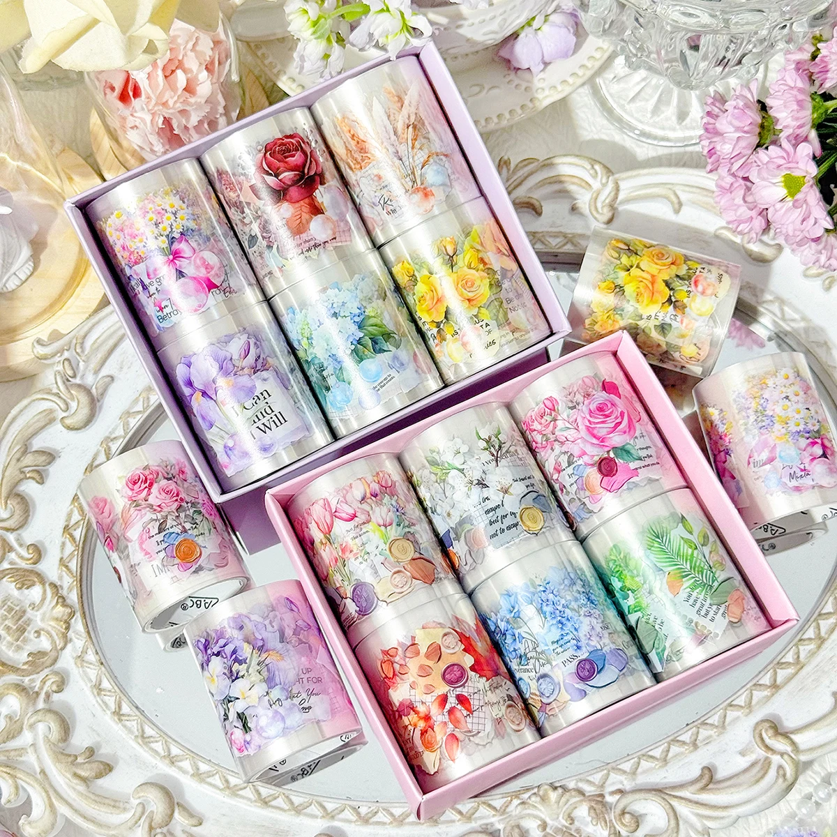 6ロール/箱、植物の花柄ステッカーテープ、DIYハンドブックやフォトフレームの装飾に適しており、スタイリッシュで絶妙です。