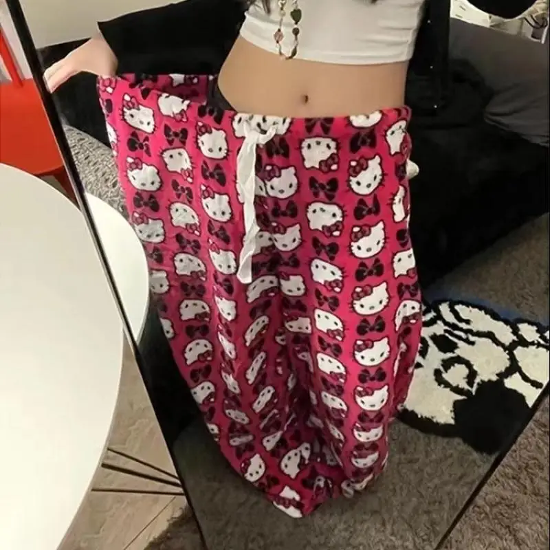 Sanrios Hello Kittys Cartoon Printed Wide Leg Pants Women Loose Versatile Pajama Pants Y2K Girls Elastic Waist Long Pants Casual