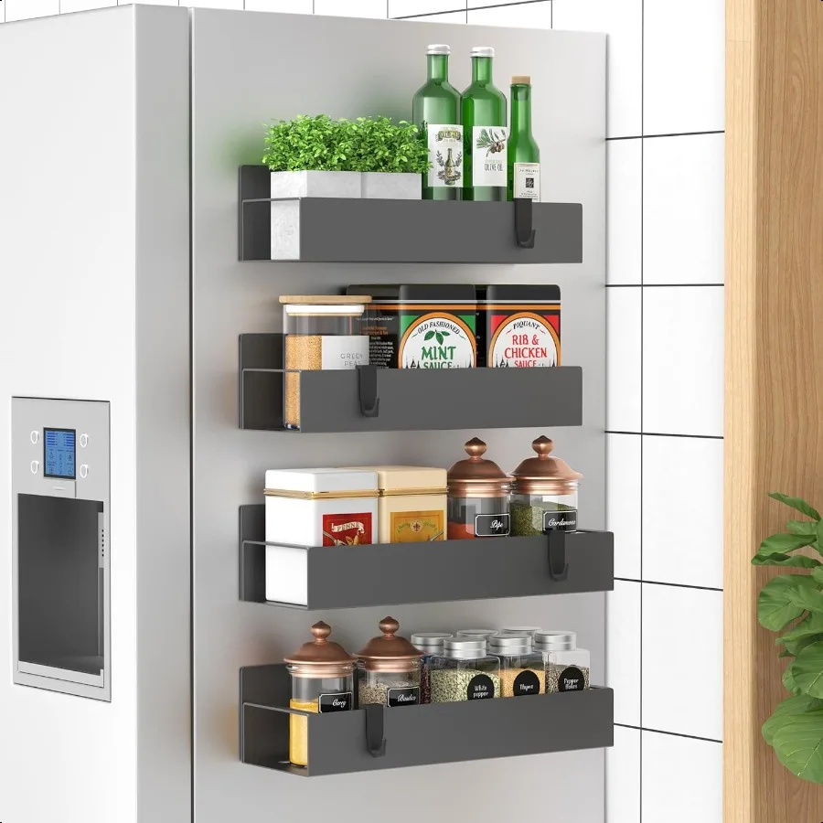 

4-пакетный магнитный стеллаж для хранения специй, органайзер для холодильника и духовки, темно-серые органайзеры для холодильника и хранения