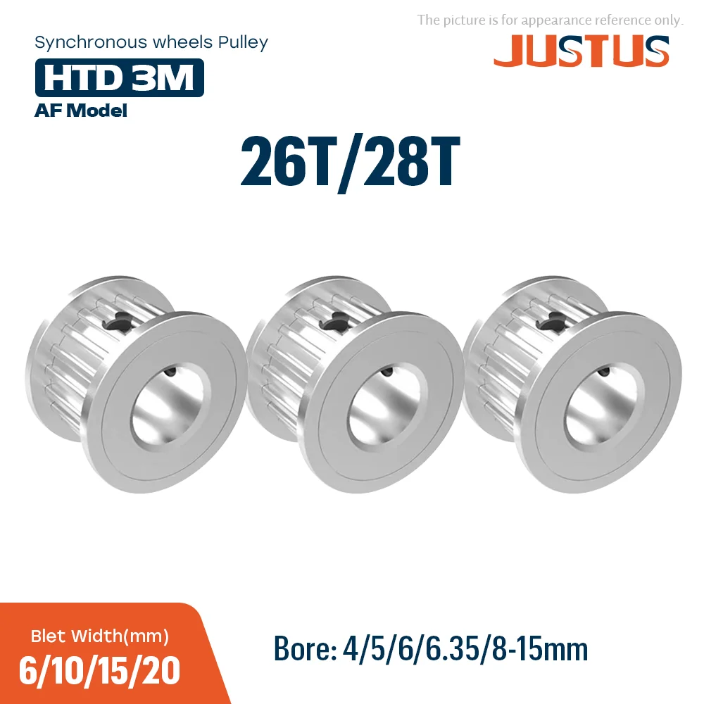 Polia dentada tipo af htd 3m 26t/28t, furo 4/5/6/6.35-15mm para correia síncrona largura 6/10/15/20mm, peças cnc para impressora 3d