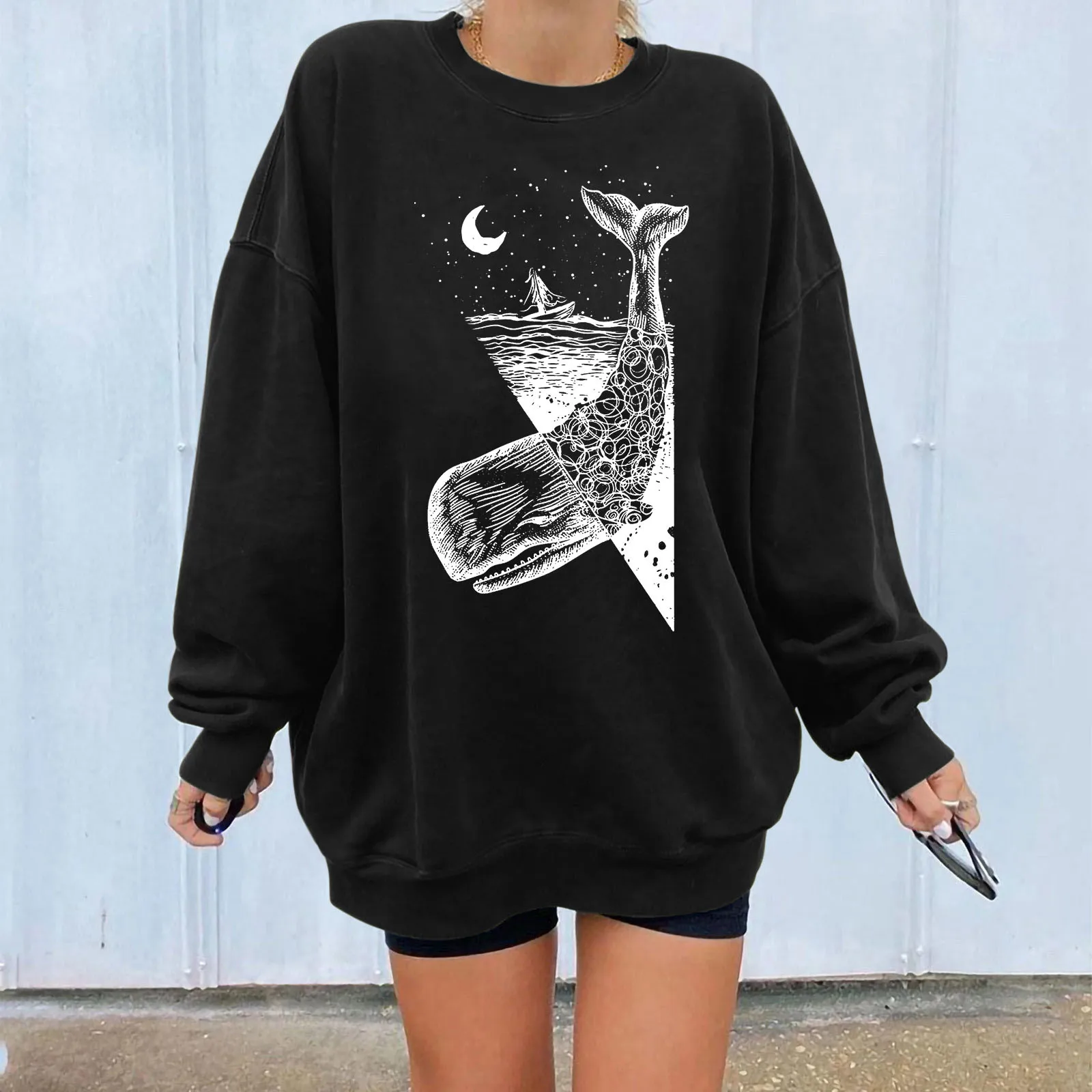 

Women'S Hoodies Solid Sun Moon Long-Sleeved Warm Sweatshirt O Neck Loose Retro Whale Print Top Shirt Oversize Blouse Pullover