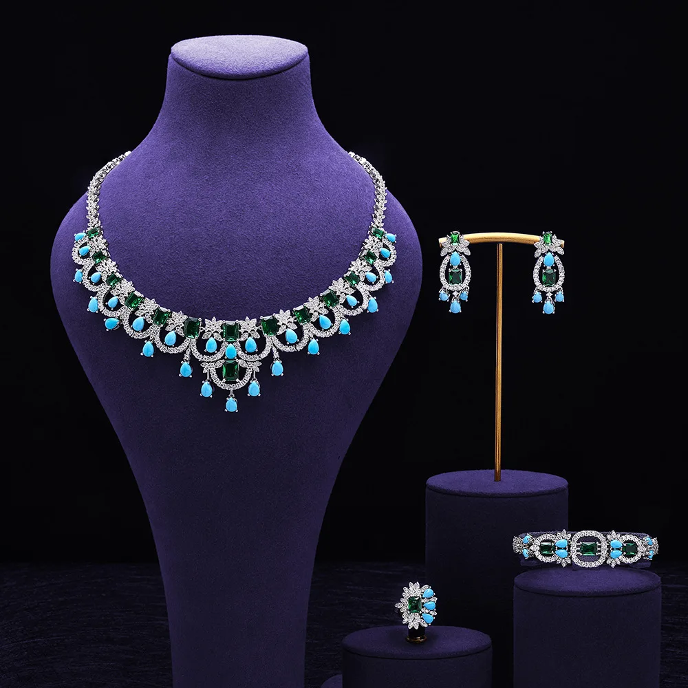 4 Pieces CZ Tassel Cubic Zirconia Charm Women Necklace Earrings Bracelet Ring Wedding Luxury Bridal Jewelry Set Christmas Gifts