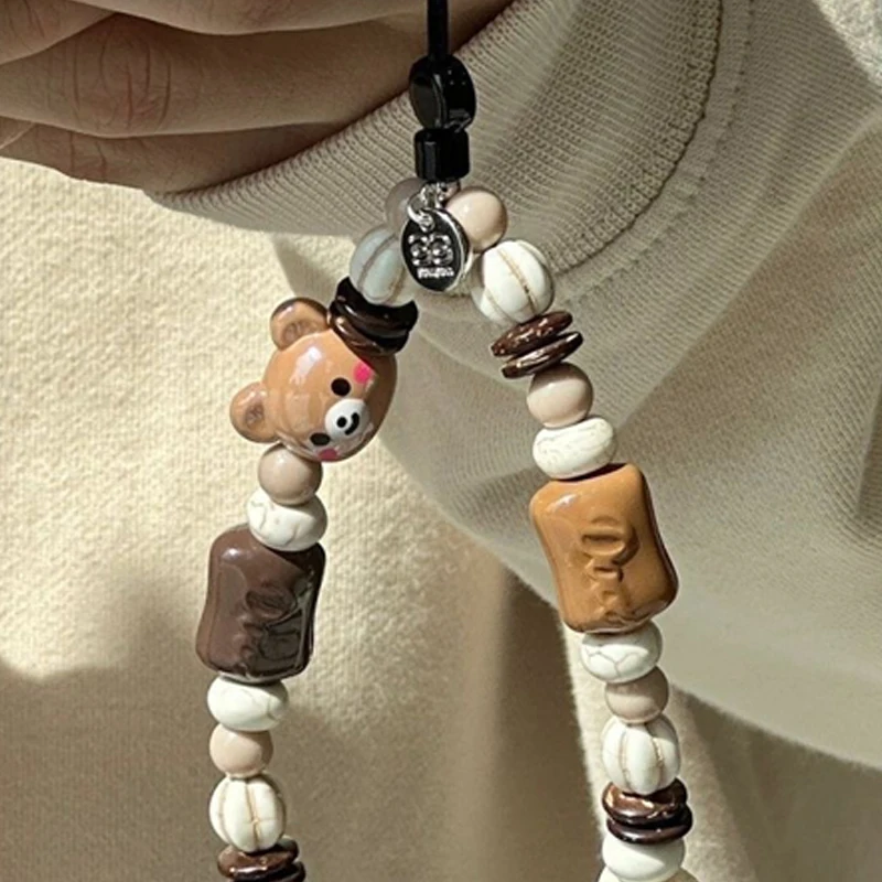 Korean Cute 3D Brown Bear Puppy Beaded Phone Chain Charm Lanyard For iPhone 15 14 7 CCD Camera Hanging Rope Girl Jewelry Pendant