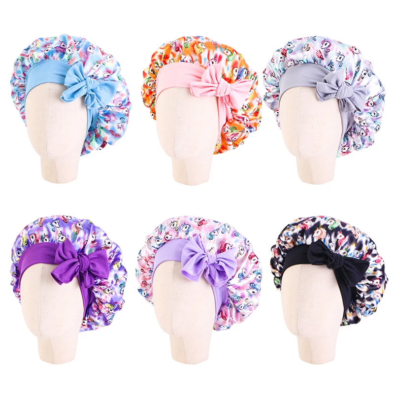 New Kids Satin Bonnet with Band Tie Hair Scarf Adjustable Flower Printed Silky Sleep Cap Wide Band Sleeping Cap for Toddler