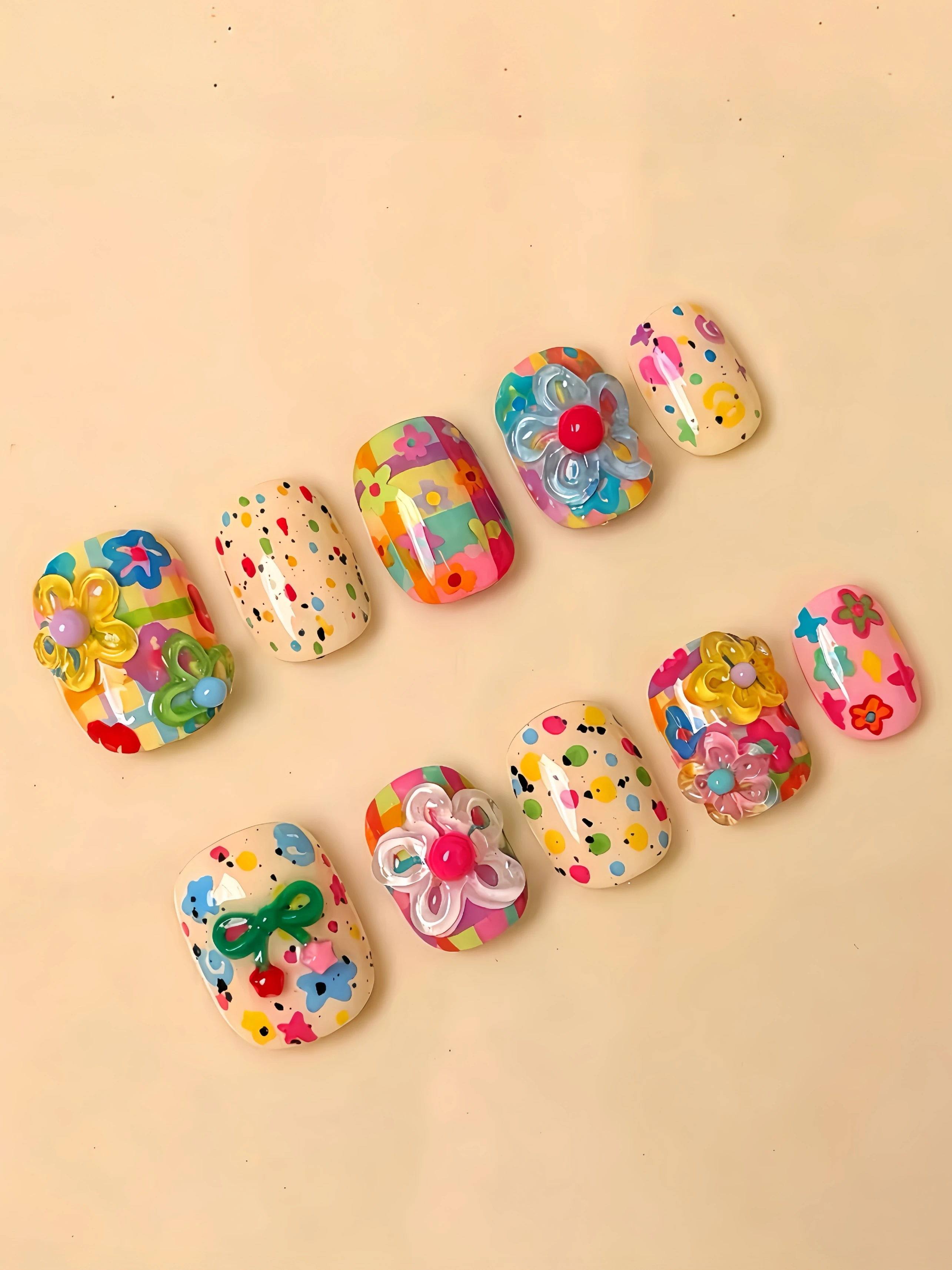 10 Short Square-Shaped Press-On Nails, Rainbow Plaid 3D Flower Energetic Nail Art, Nail Tips for Dating, Photo Shoots, and Picnics