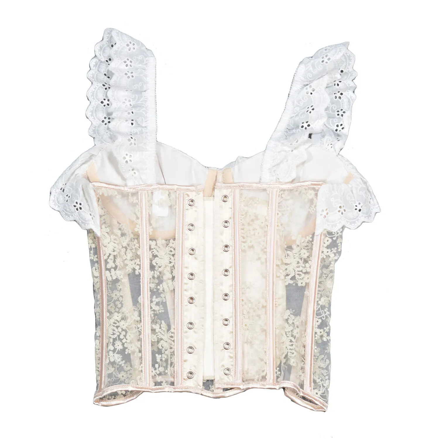 

Mesh Transparent Bustier Crop Tops Sexy White Floral Ruffled Shoulder Straps Corset Vest Gothic Lingerie Elegant Ladies