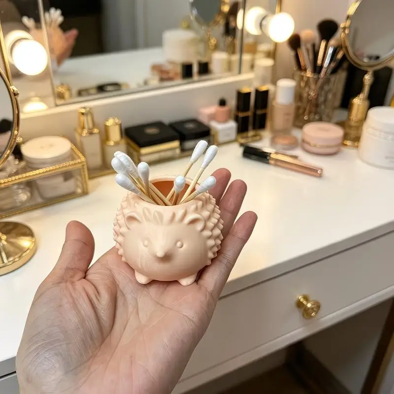 Hedgehog Shaped Swab Cosmetic Organizer Floss Toothpick Pick Holder Multi-Purpose Storage Box Perfect For Kitchen Dining Table
