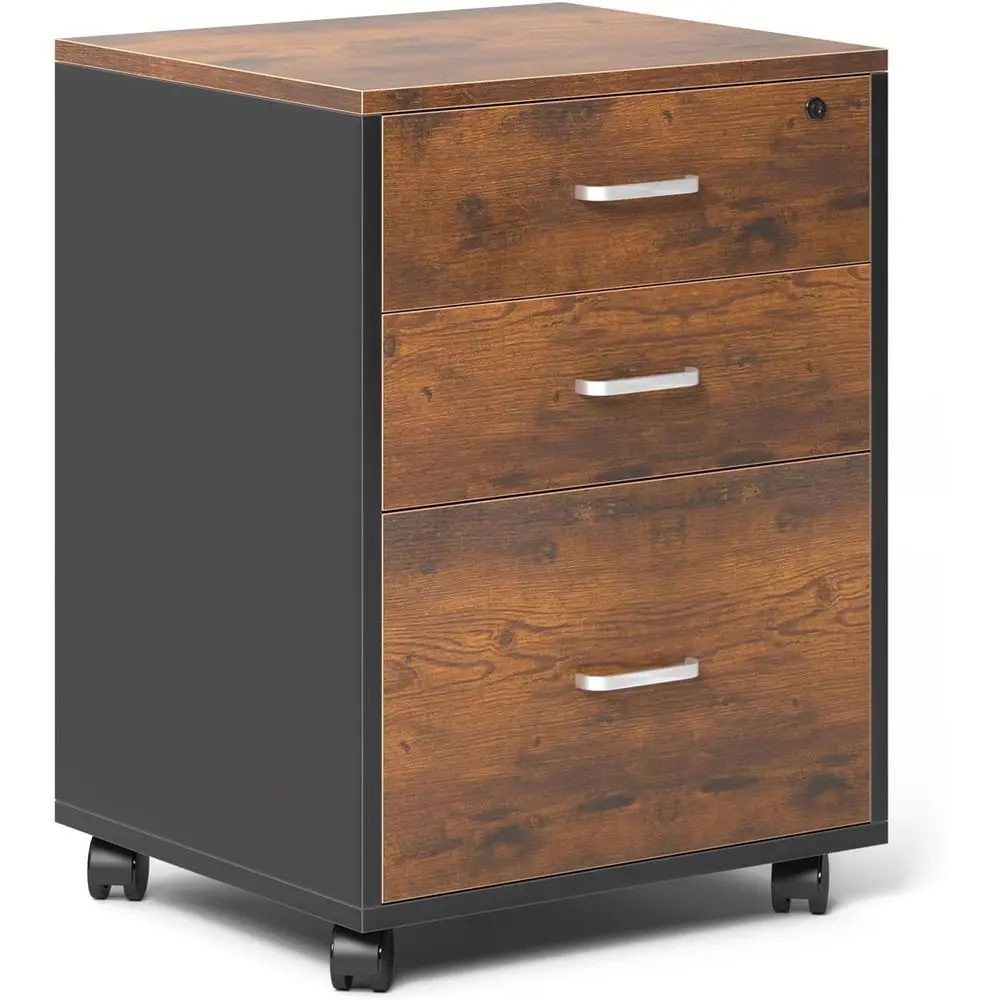 

Wooden Mobile Cabinet with Lock, Rolling Storage for Letter/A4 Size Documents, Rustic Brown