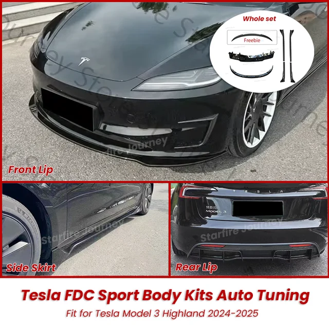 FDC Auto Body Kits For Tesla Model 3 Highland 2024 2025 Glossy Black & Carbon Front Bumper Lip Rear Diffuser Spoiler Side Skirt