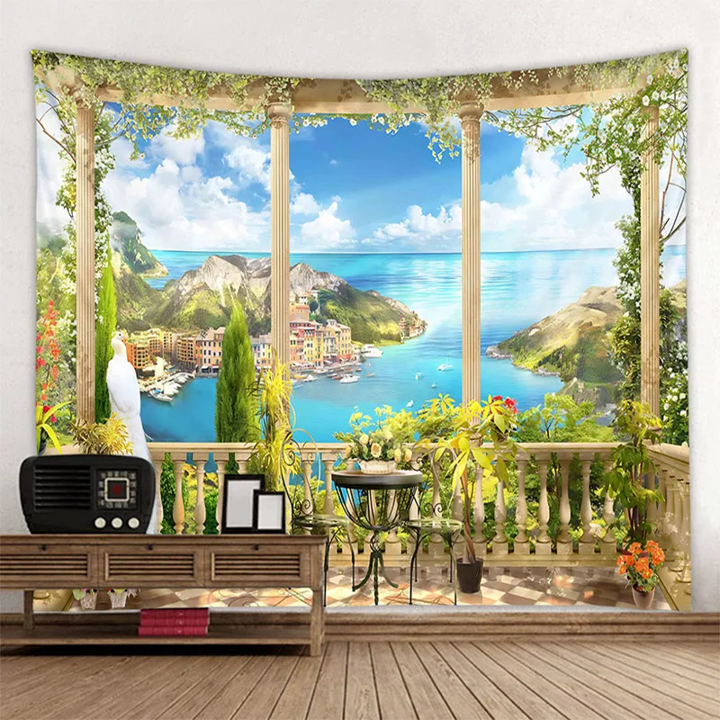 Beautiful Landscape Tapestry: European Garden Sea View Wall Hanging, Hippie Bohemian Aesthetics Home Wall Decoration, Yoga Mat