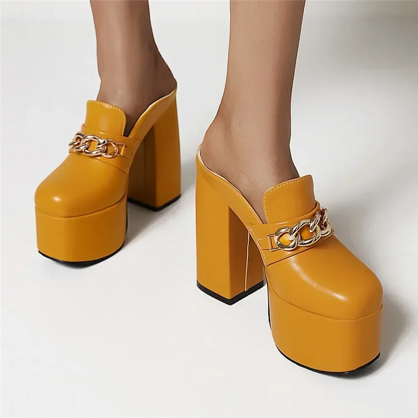 Summer Women Platform Sandals Black Yellow High Chunky Heels Mules Sexy Party Lady Slides Buckle Strap Chain Square Toe Slippers