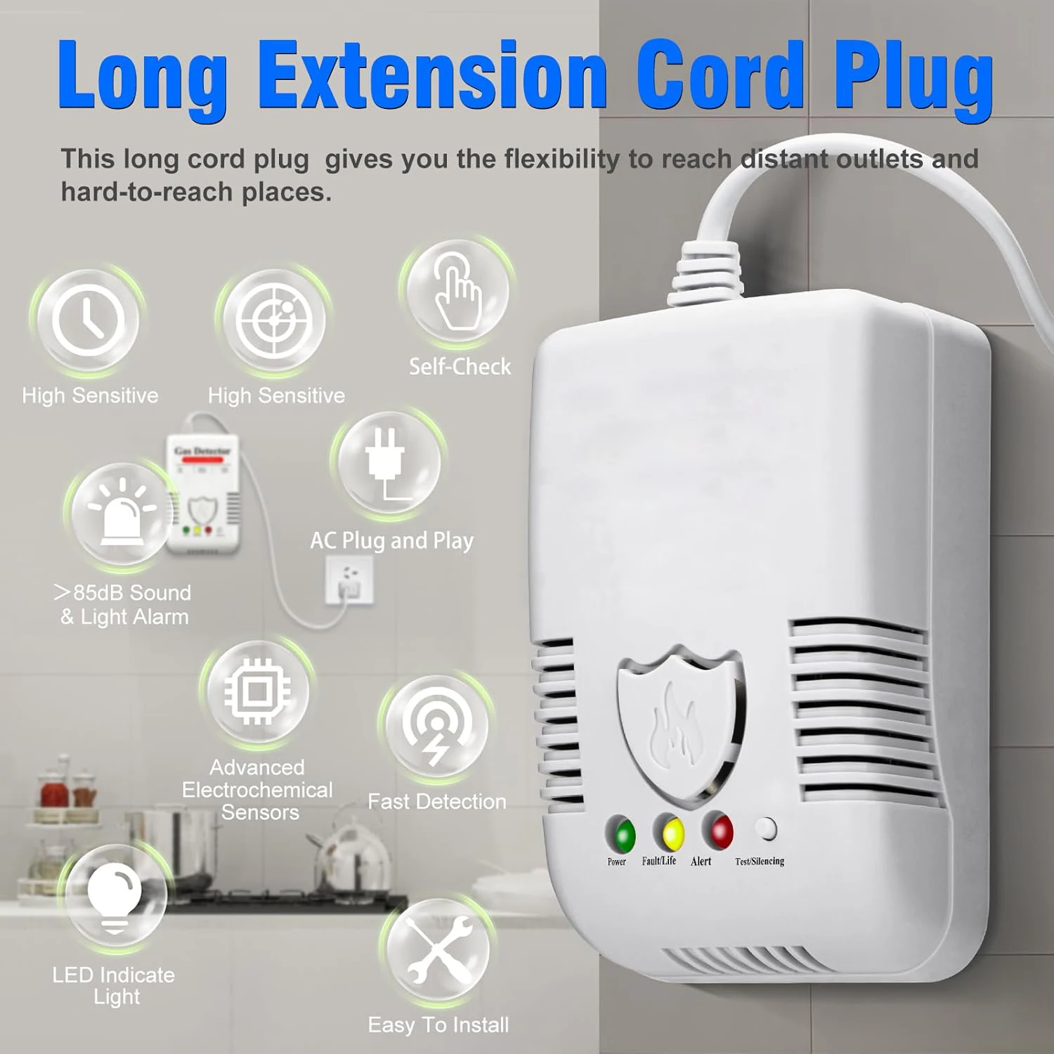 Gas Leak Detector for Home Kitchen, Natural Gas Methane & LPG Propane Alarm , Loud Audio and Flashing Light Warning, Easy Instal