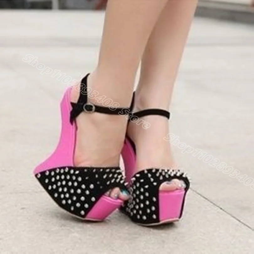 Patchwork Design Rivet Decor Sandals Ankle Buckle Platform Peep Toe Fashion Summer Casual Women Shoes 2024 Zapatos Para Mujere