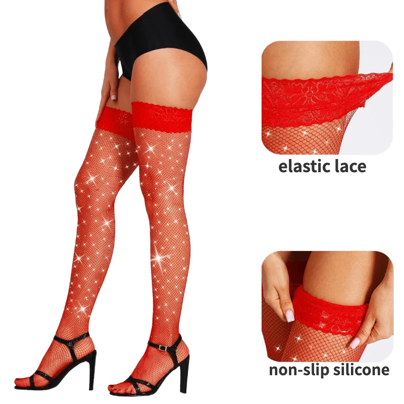 Meias de strass brilhantes para mulheres, antiderrapante, arrastão de silicone, meias altas de coxa, meias de renda, ficar em pé, sexy, garotas