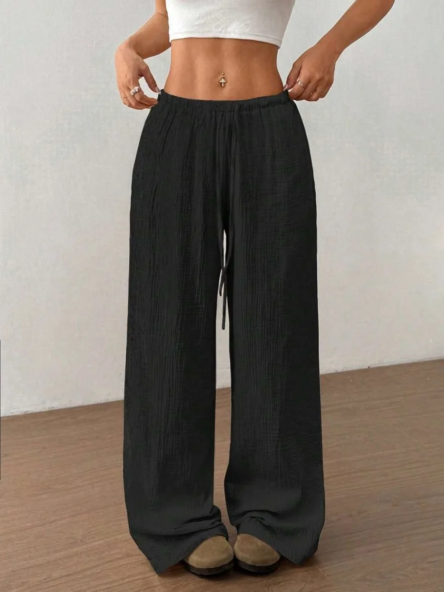 2025 Women's Wide Leg Pants High Waist Elastic Waistband Casual Trousers Solid Color Loose Palazzos Pants Elegant Fall Fashion