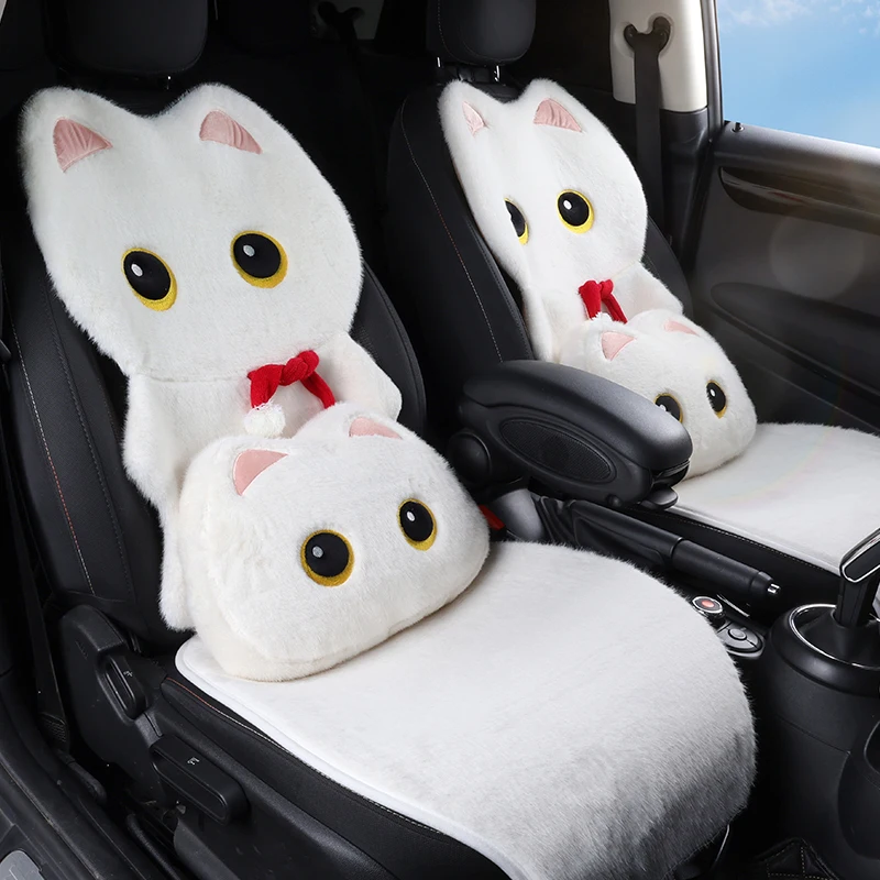 Lucky White Kitten Plüsch-Autositzbezug, 3D-Stickerei, warme, weiche, rutschfeste Unterseite, universell passend für die meisten Fahrzeuge, Herbst-/Winter-Geschenk