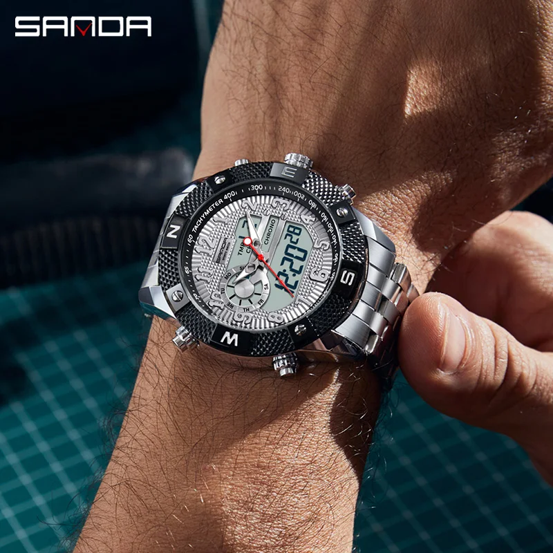 SANDA New Men Wristwatch Military Sport Waterproof LED Digital Clock Stainless Steel Electron Quartz Watch Hot Relogio Masculino