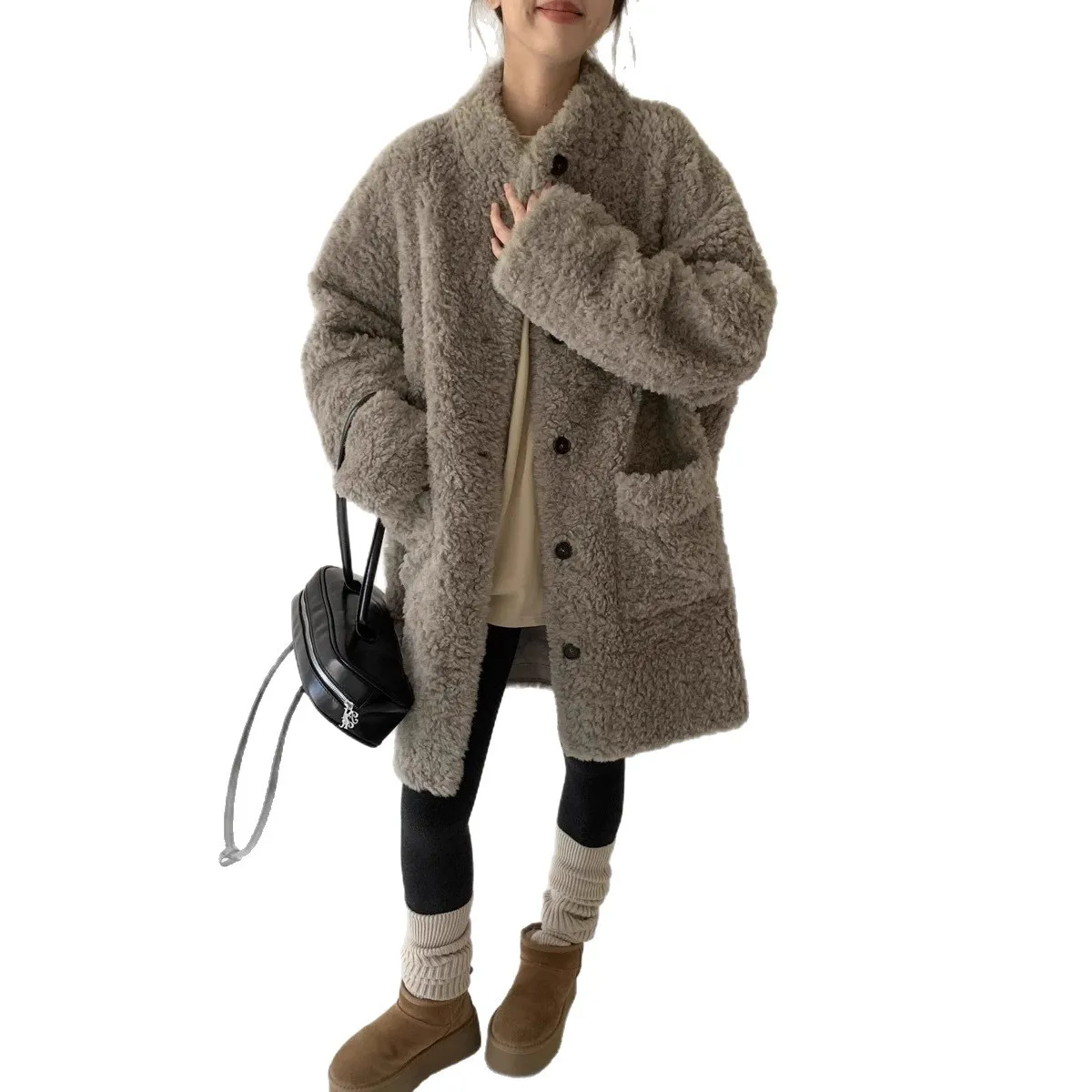 معطف فرو شتوي غير رسمي موديل 100% من Lambhair معطف فرو متكامل للنساء بياقة واقفة ونمط متوسط الطول #6