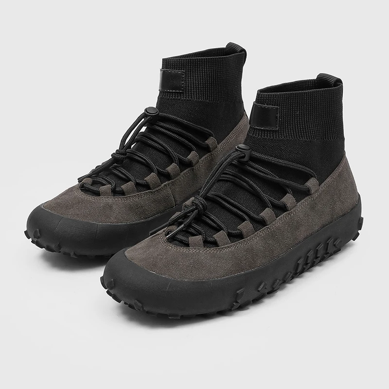 Uniquely Designed Retro Men Suede Patchwork Socks Boots with Elastic Fly Woven Socks Thick Sole for Hiking Couples Outdoor Boots