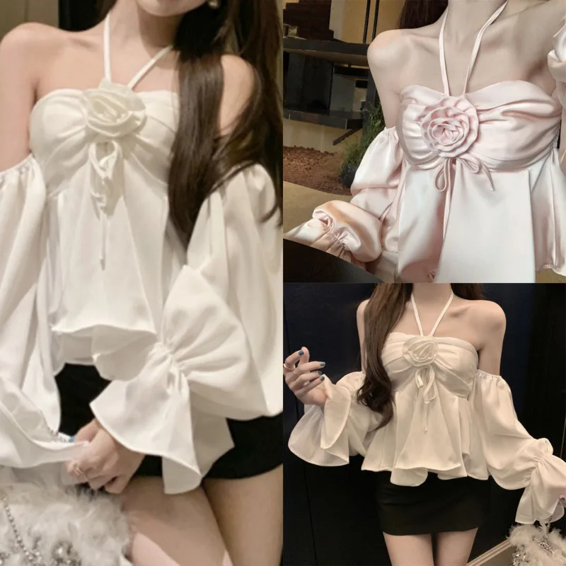 

Floral Y2K Halter Crop Top Women French Style Off Shoulder Lace Blouse Women Sexy Strapless Bell Sleeve Shirt Tee Top Gift New