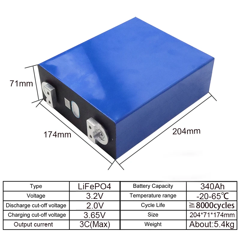 New 3.2V 340Ah Lifepo4 Battery Large Capacity DIY 4s 12V 24V 36V Suitable for RV Camping Vehicle Solar Energy Storage Battery
