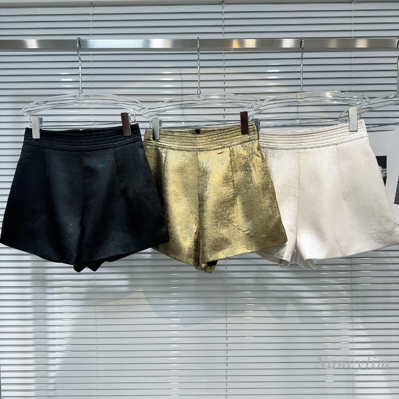 2024 Summer New Classic Style Bronzing Fabric Heavy Industry Nightclub Socialite Shorts for Women Casual Gold Shorts